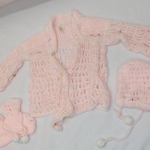 Vintage Hand Crocheted Pink Baby Sweater, Booties and Hat